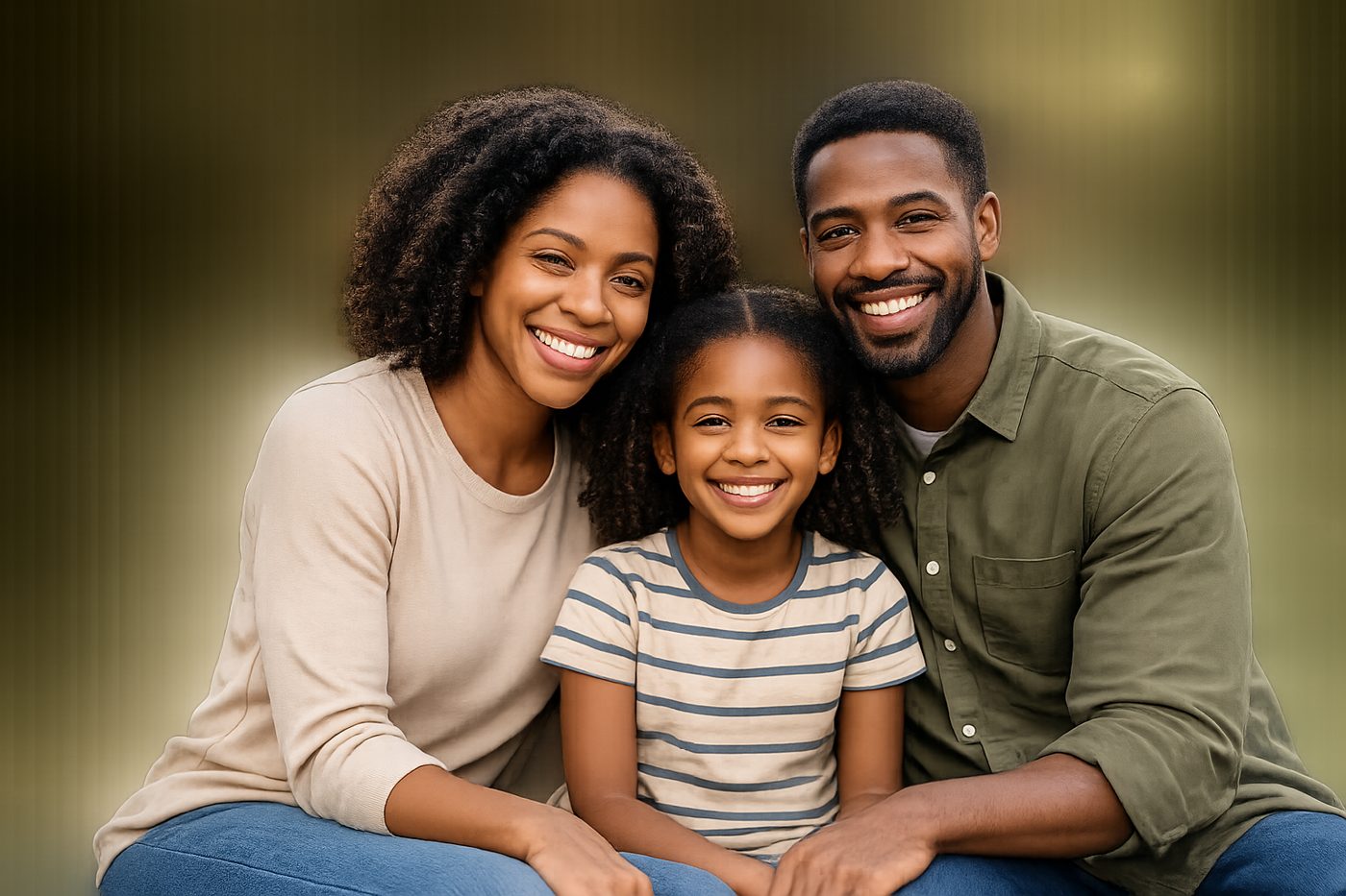 A mother, young daughter, and father sitting together, smiling.
