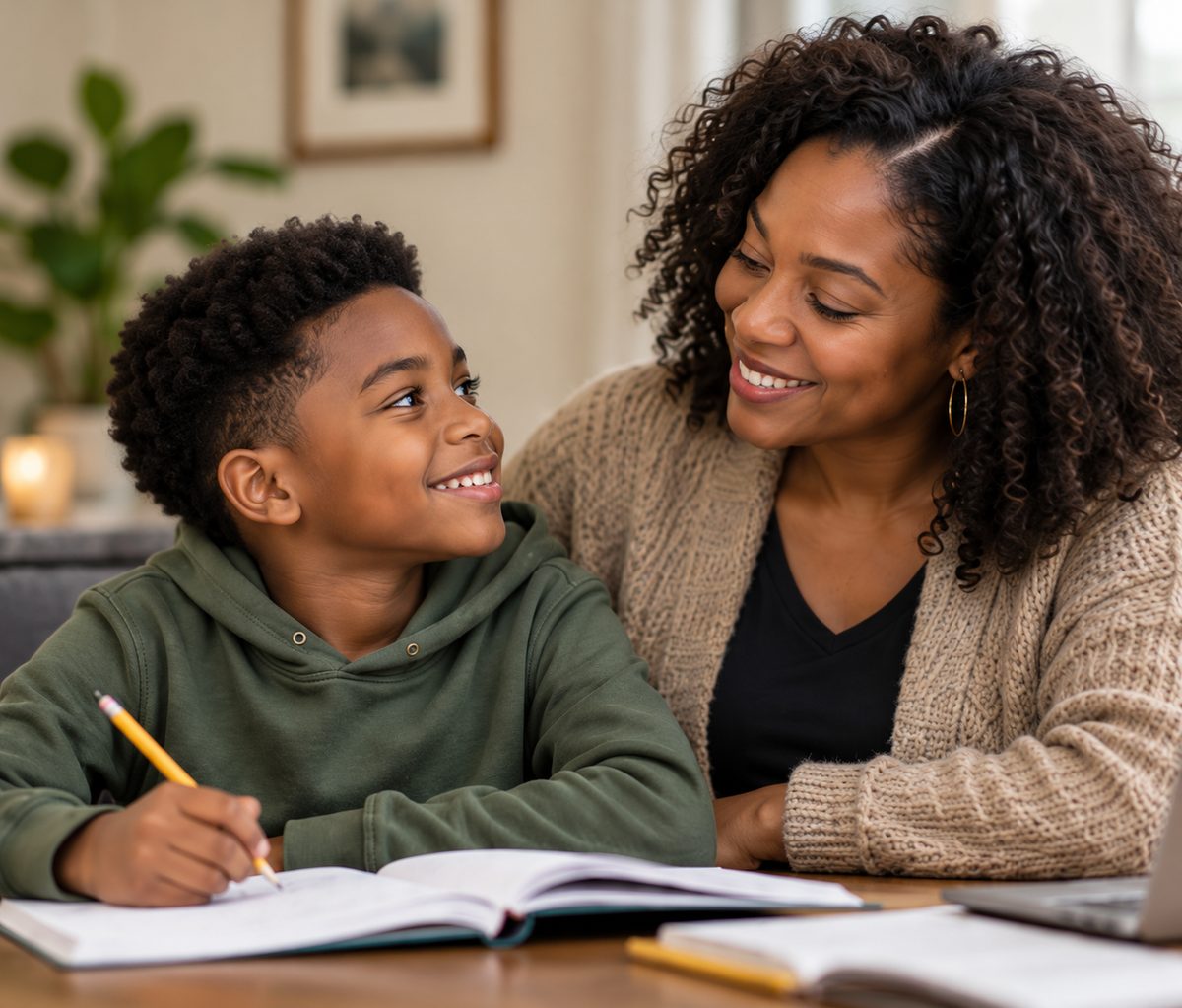 A smiling mother sits beside her son as he works on homework at a table.